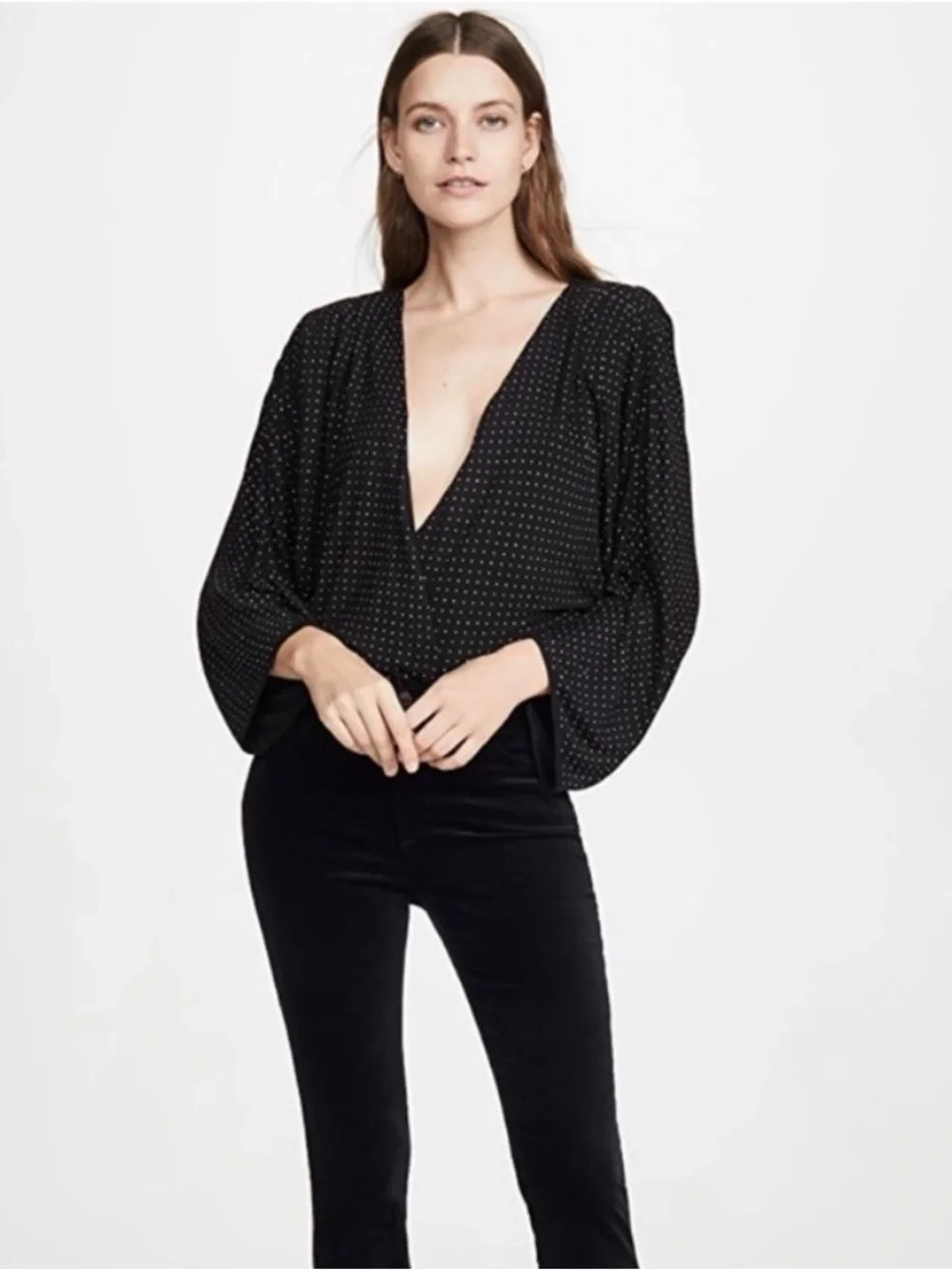 Ramy Brook Studded Esther Faux Wrap Blouse XXS Black V Neck Top Women’s